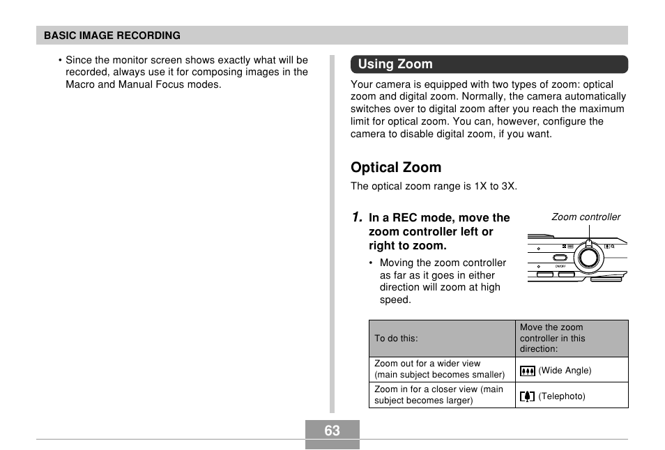 Using zoom, Optical zoom | Casio EX-Z850 User Manual | Page 63 / 279