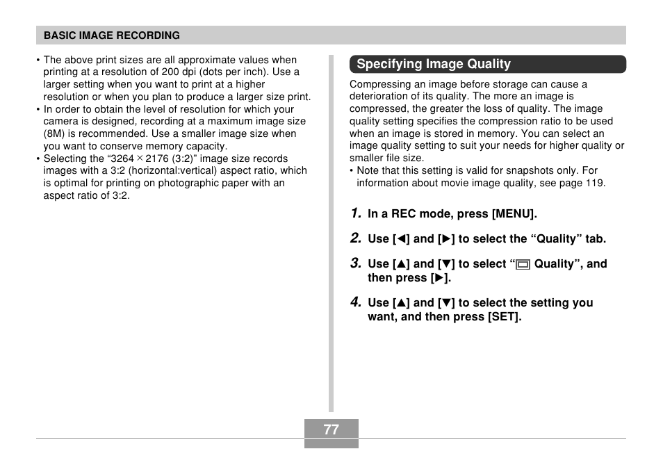 Specifying image quality | Casio EX-Z850 User Manual | Page 77 / 279