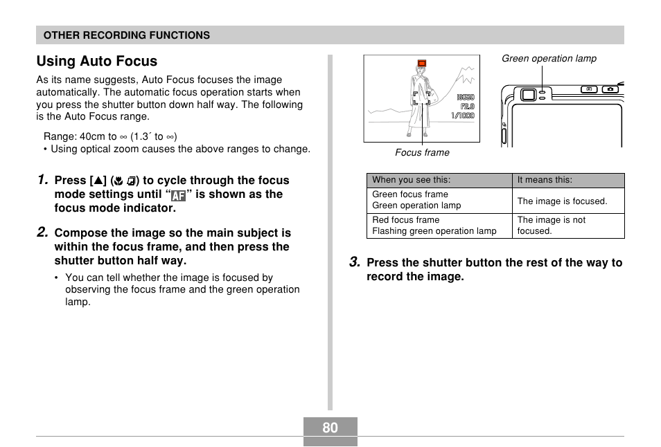 Using auto focus, 80 using auto focus | Casio EX-Z850 User Manual | Page 80 / 279