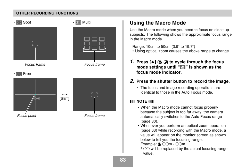 Using the macro mode | Casio EX-Z850 User Manual | Page 83 / 279