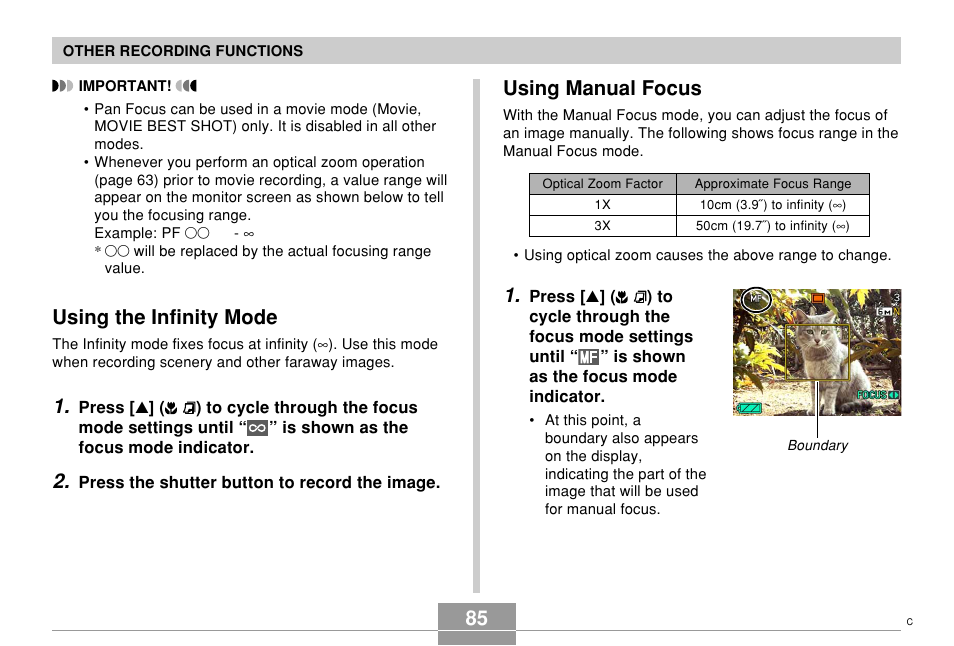 Using the infinity mode, Using manual focus | Casio EX-Z850 User Manual | Page 85 / 279