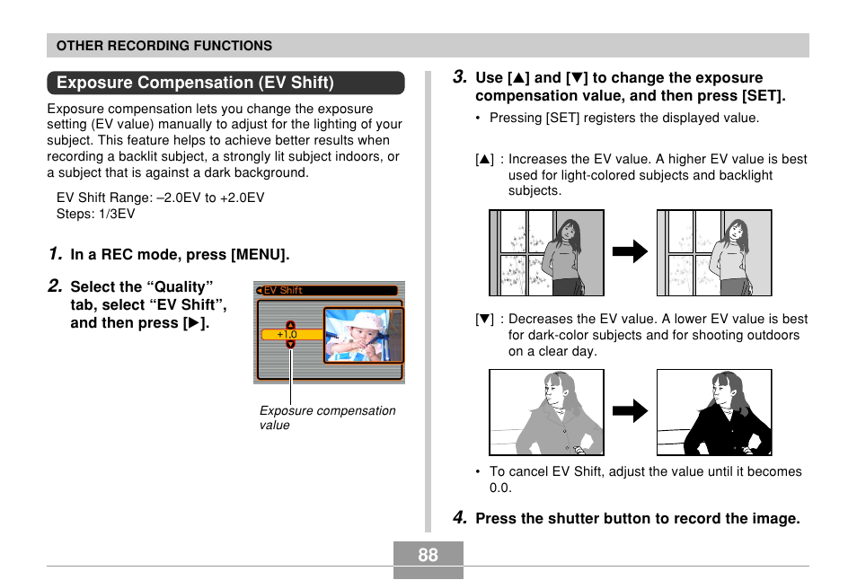 Exposure compensation (ev shift) | Casio EX-Z850 User Manual | Page 88 / 279