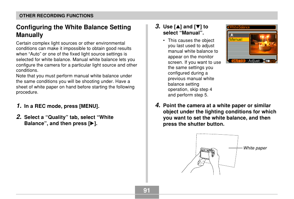 Configuring the white balance setting manually | Casio EX-Z850 User Manual | Page 91 / 279