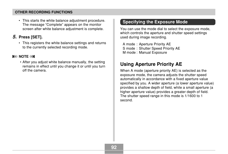 Specifying the exposure mode, Using aperture priority ae | Casio EX-Z850 User Manual | Page 92 / 279