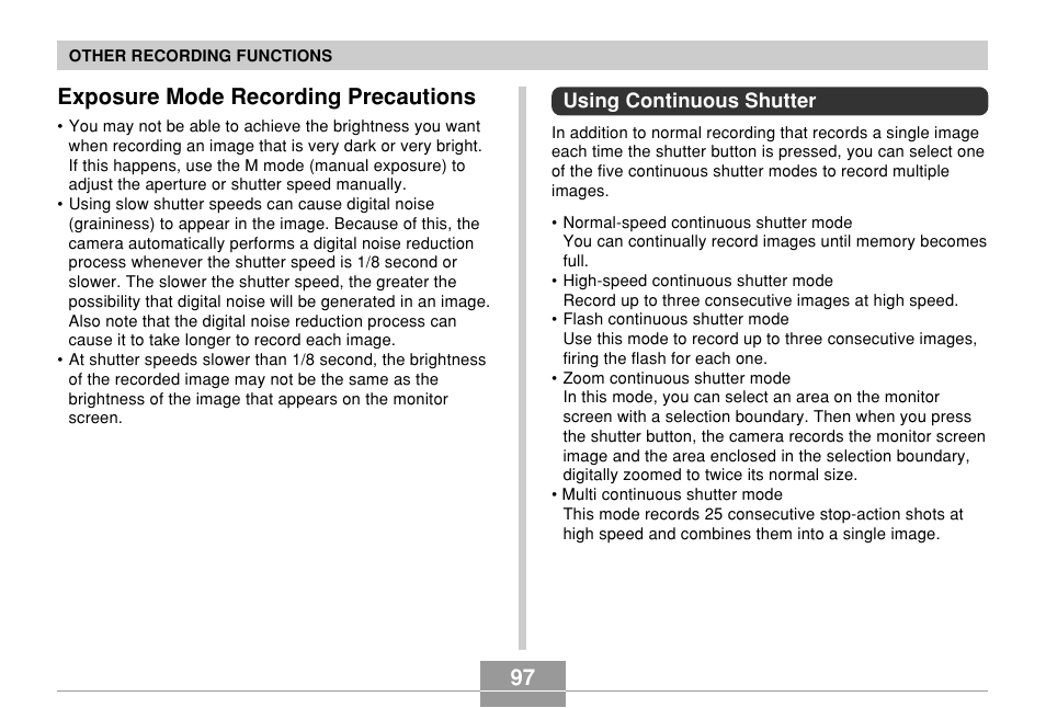 Exposure mode recording precautions, Using continuous shutter, 97 exposure mode recording precautions | Casio EX-Z850 User Manual | Page 97 / 279