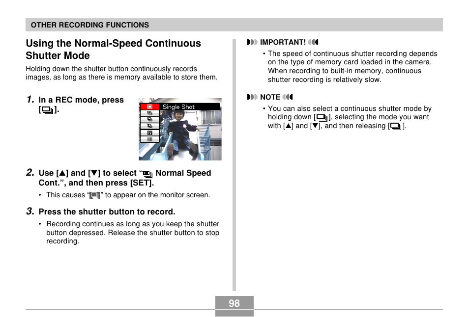Using the normal-speed continuous shutter mode, 98 using the normal-speed continuous shutter mode | Casio EX-Z850 User Manual | Page 98 / 279