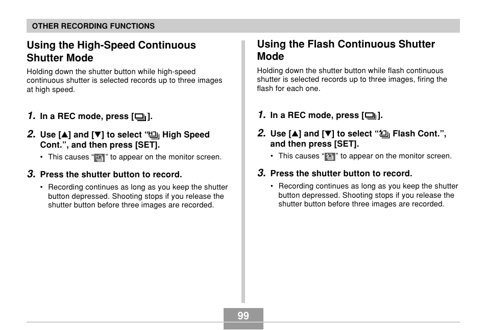 Using the high-speed continuous shutter mode, Using the flash continuous shutter mode, 99 using the high-speed continuous shutter mode | Casio EX-Z850 User Manual | Page 99 / 279