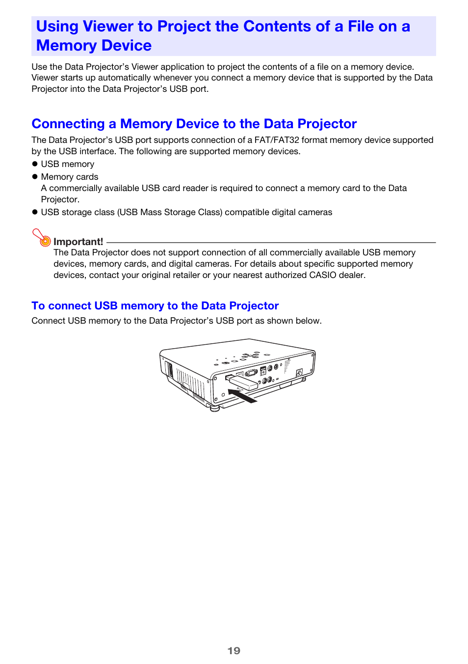 Connecting a memory device to the data projector | Casio XJ-M245 User Manual | Page 19 / 67