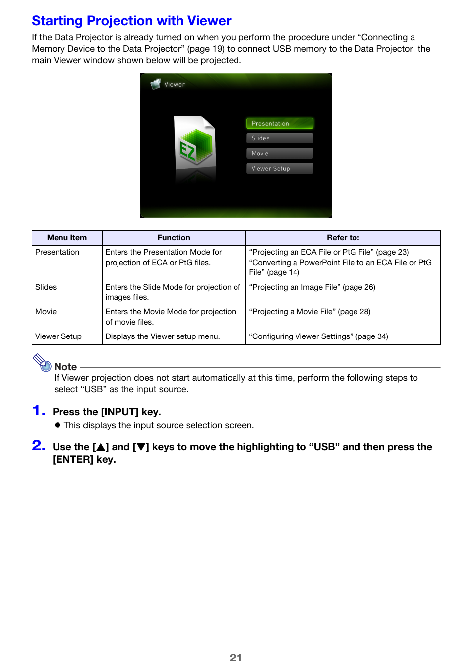 Starting projection with viewer | Casio XJ-M245 User Manual | Page 21 / 67
