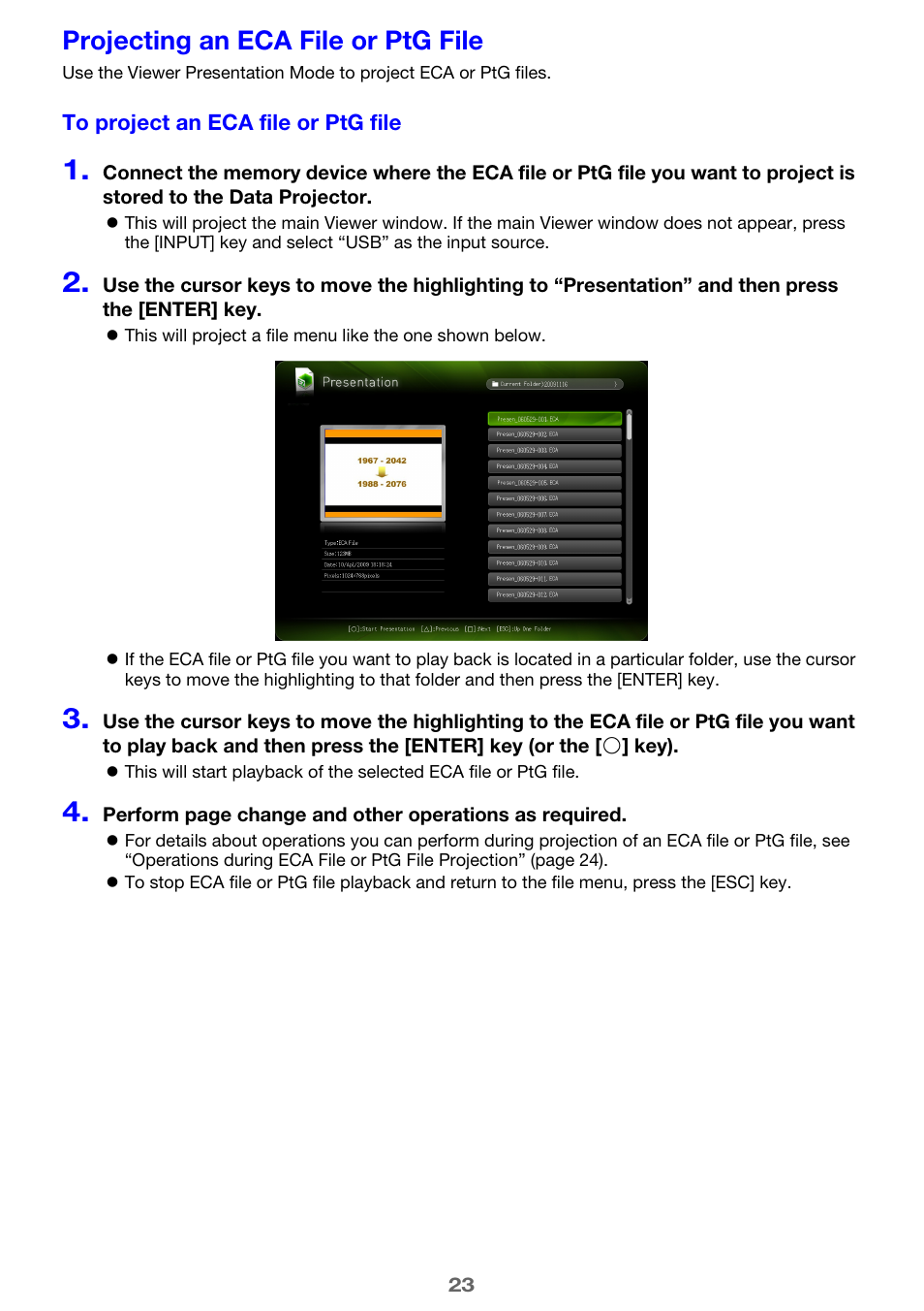 Projecting an eca file or ptg file, Age 23) | Casio XJ-M245 User Manual | Page 23 / 67