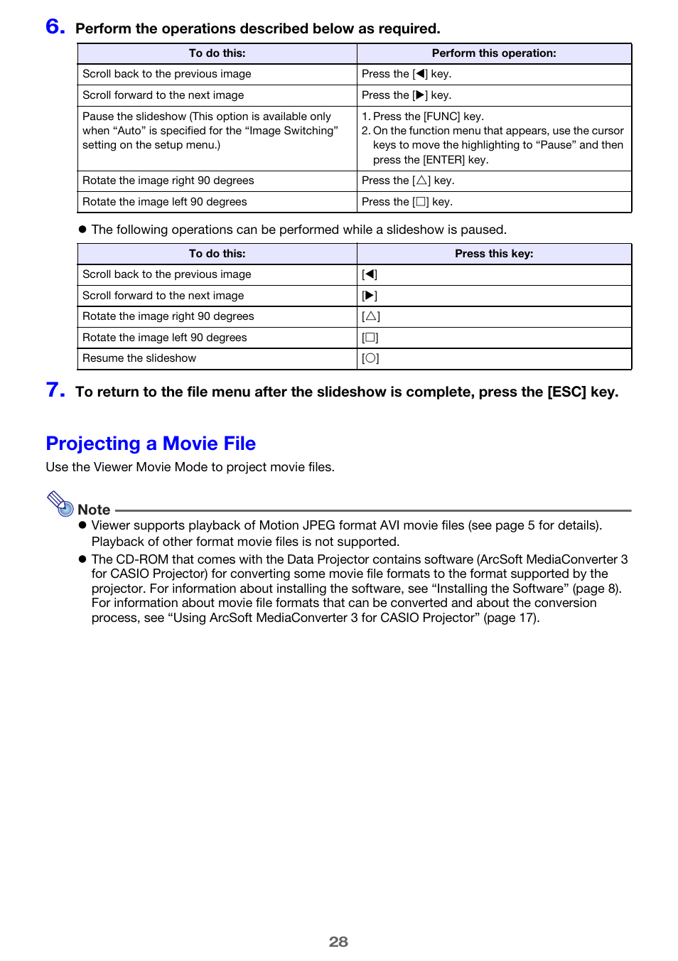 Projecting a movie file, Age 28 | Casio XJ-M245 User Manual | Page 28 / 67