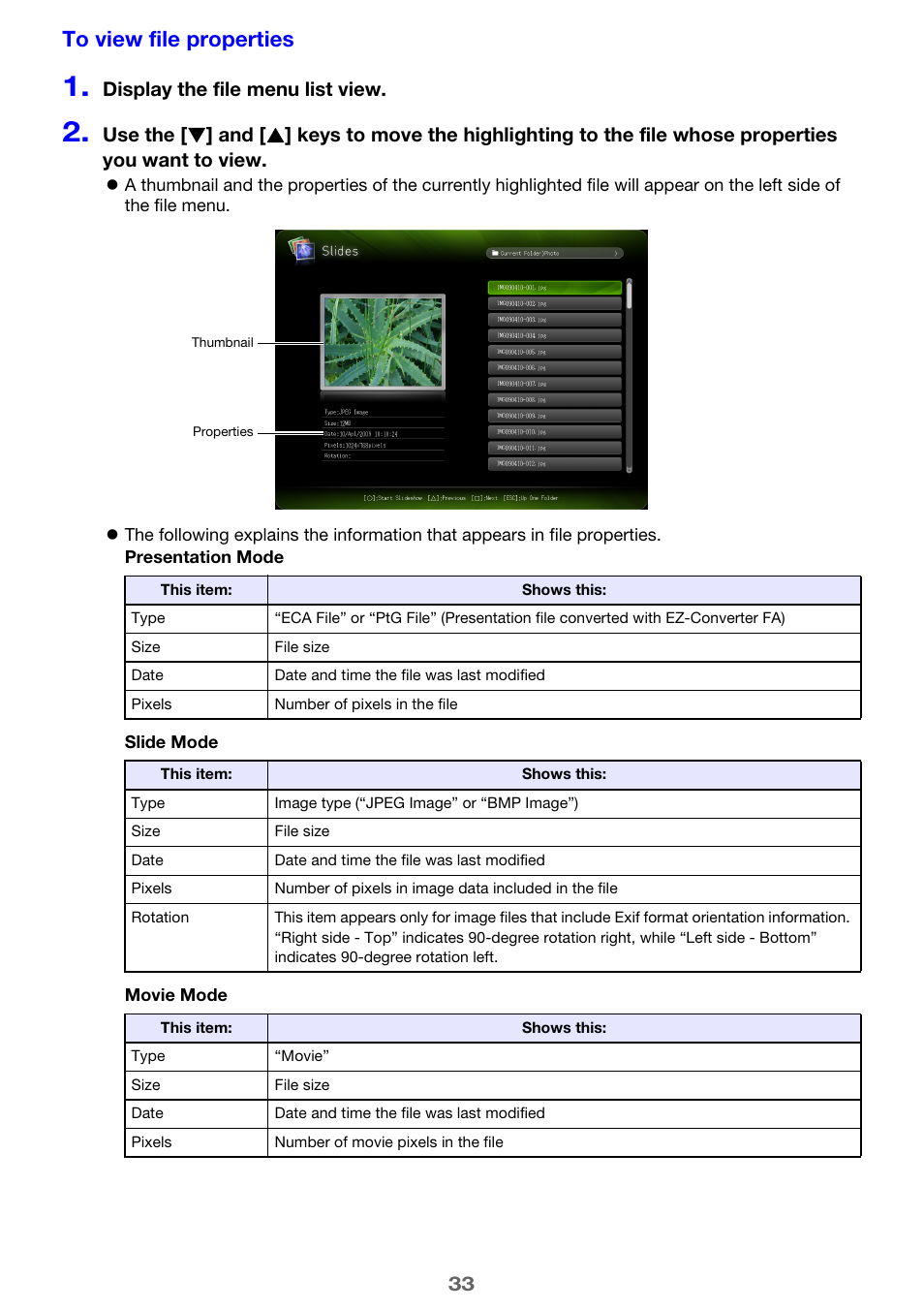 Display the file menu list view | Casio XJ-M245 User Manual | Page 33 / 67