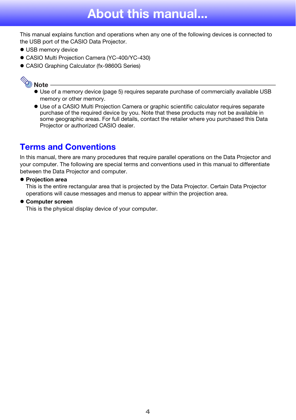 About this manual, Terms and conventions | Casio XJ-M245 User Manual | Page 4 / 67