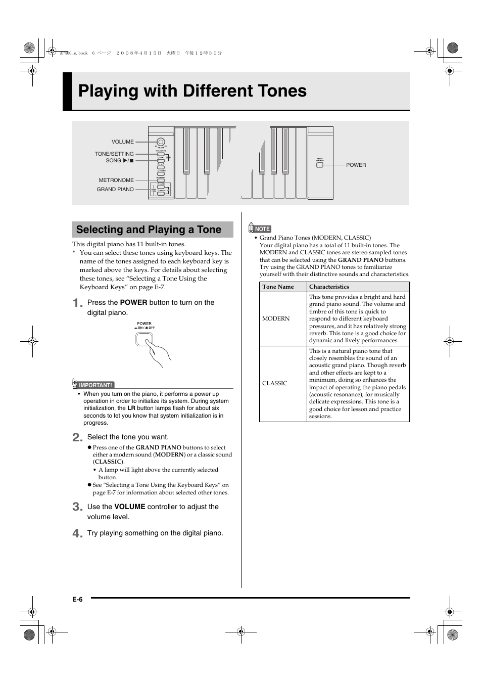 Playing with different tones, Selecting and playing a tone | Casio Celviano AP-400 User Manual | Page 10 / 37