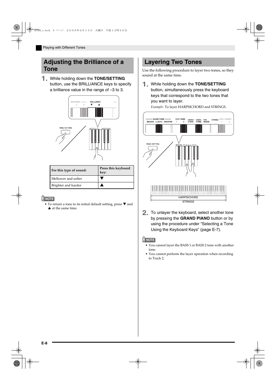 Adjusting the brilliance of a tone, Layering two tones | Casio Celviano AP-400 User Manual | Page 12 / 37