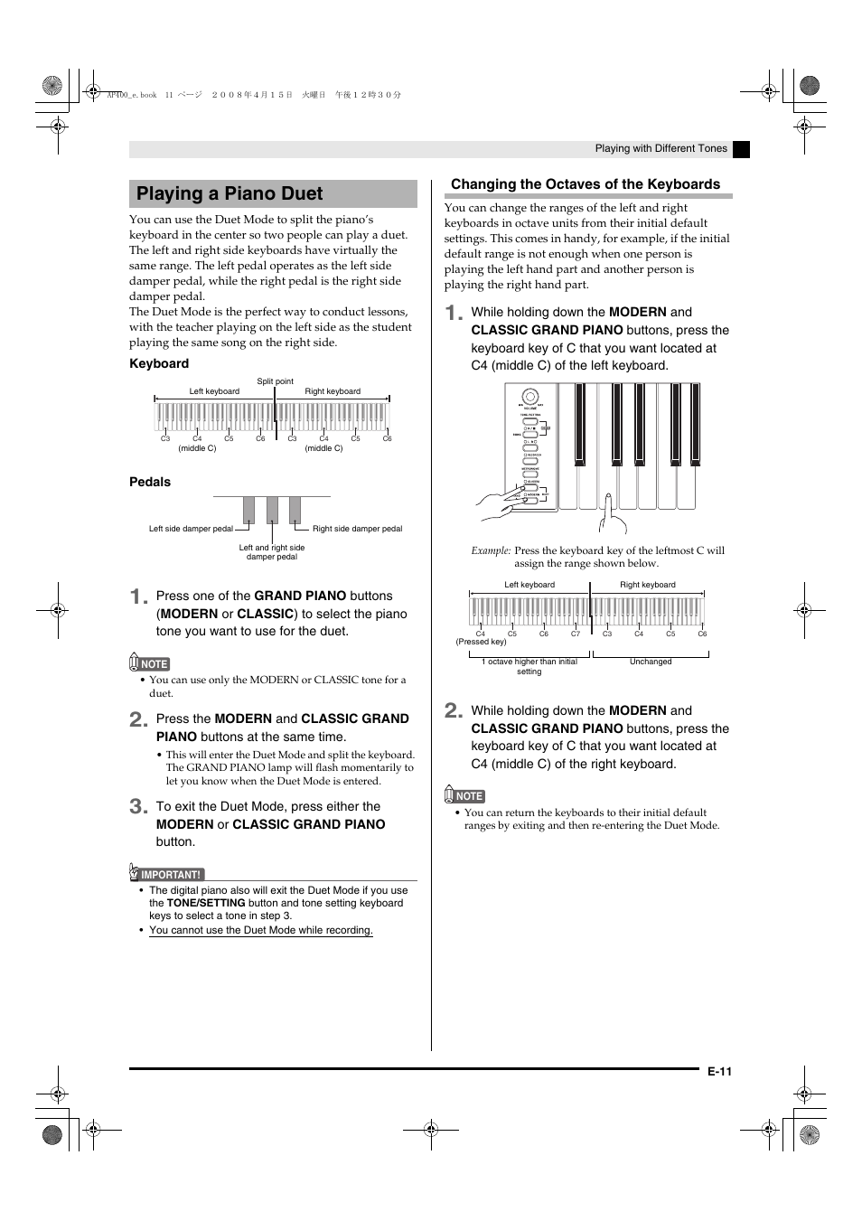 Playing a piano duet, Changing the octaves of the keyboards | Casio Celviano AP-400 User Manual | Page 15 / 37