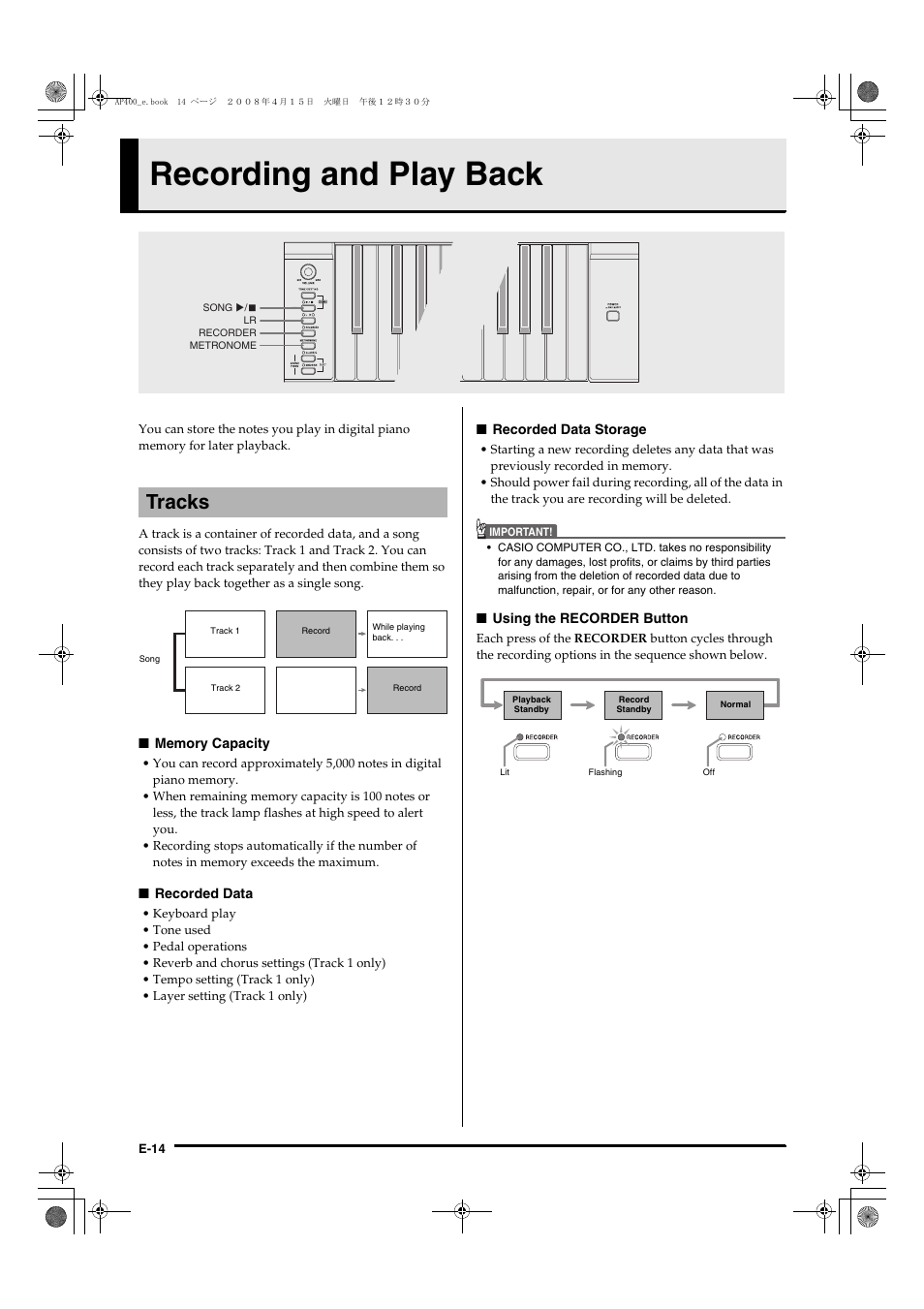 Recording and play back, Tracks | Casio Celviano AP-400 User Manual | Page 18 / 37
