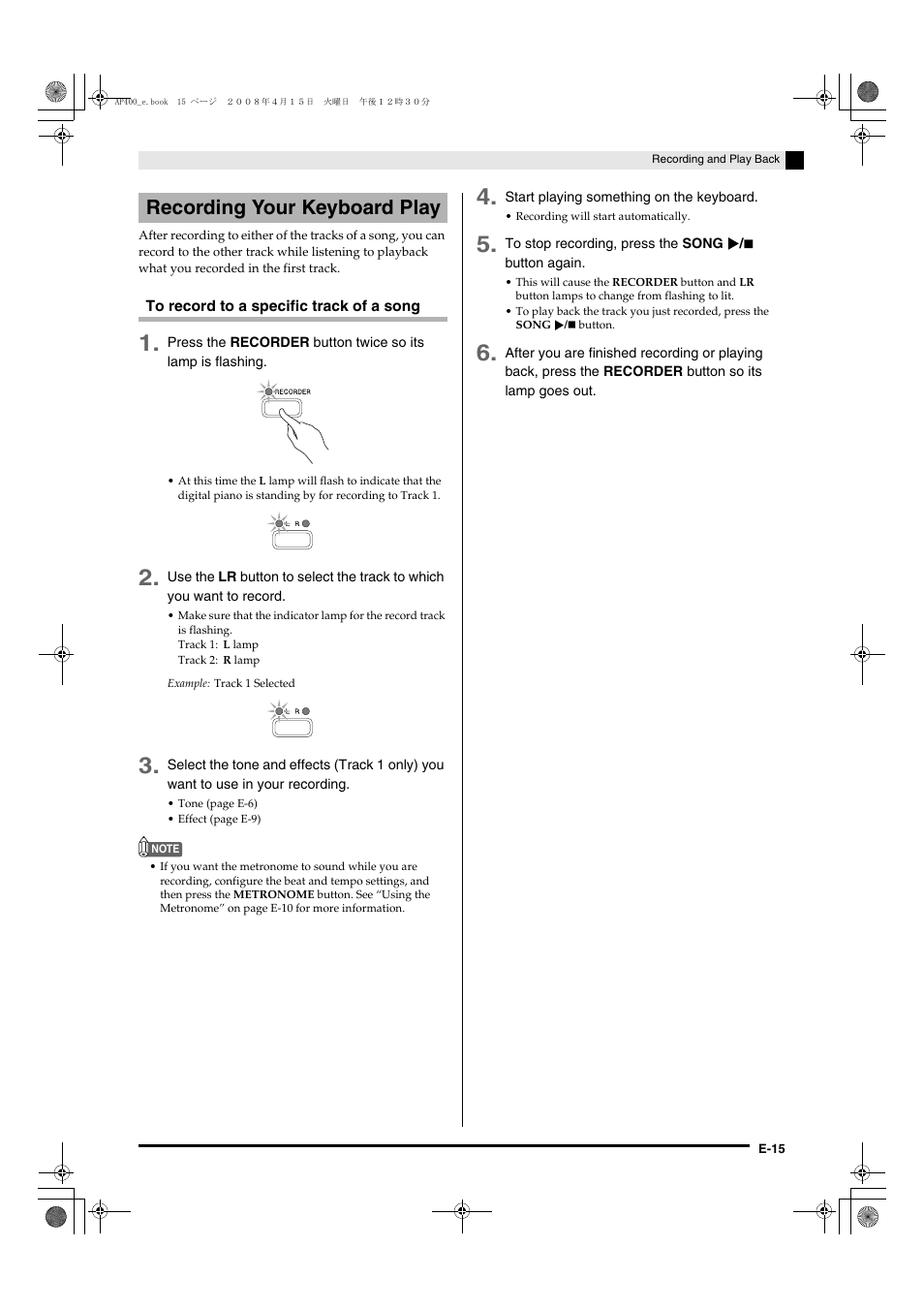 Recording your keyboard play | Casio Celviano AP-400 User Manual | Page 19 / 37