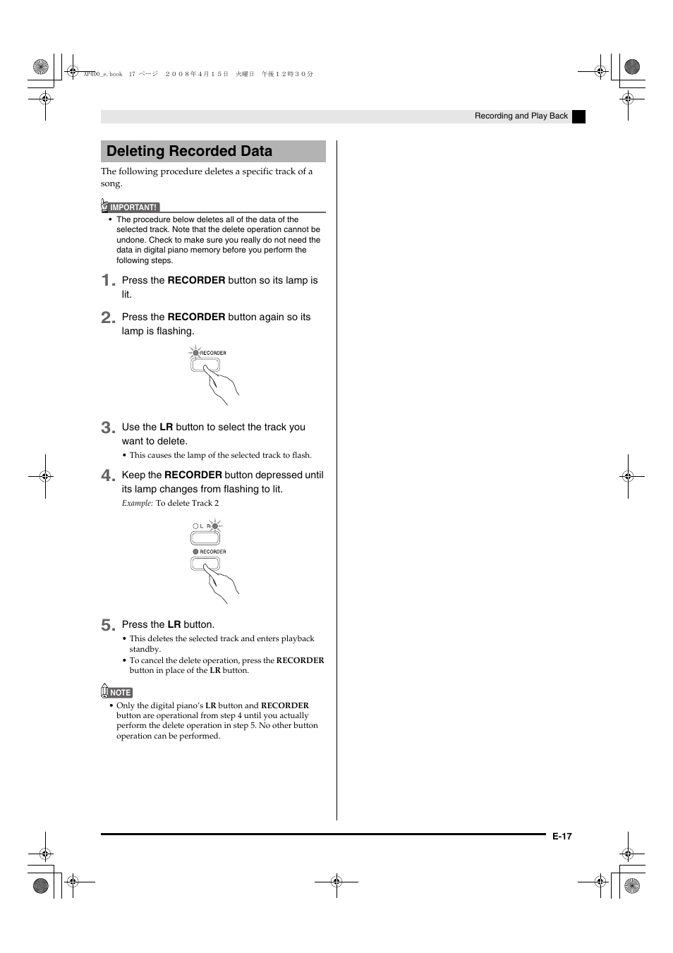 Deleting recorded data | Casio Celviano AP-400 User Manual | Page 21 / 37