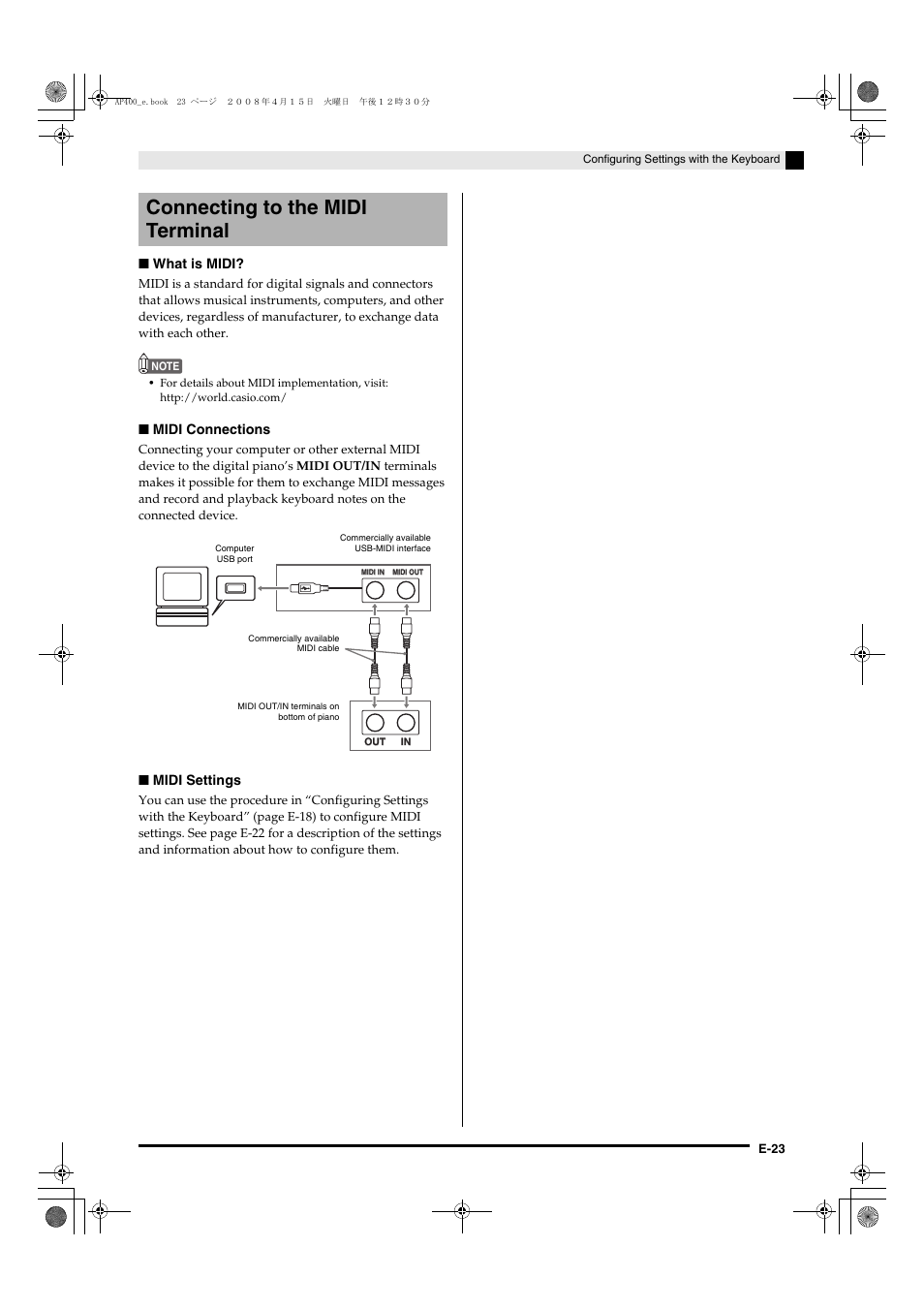 Connecting to the midi terminal | Casio Celviano AP-400 User Manual | Page 27 / 37