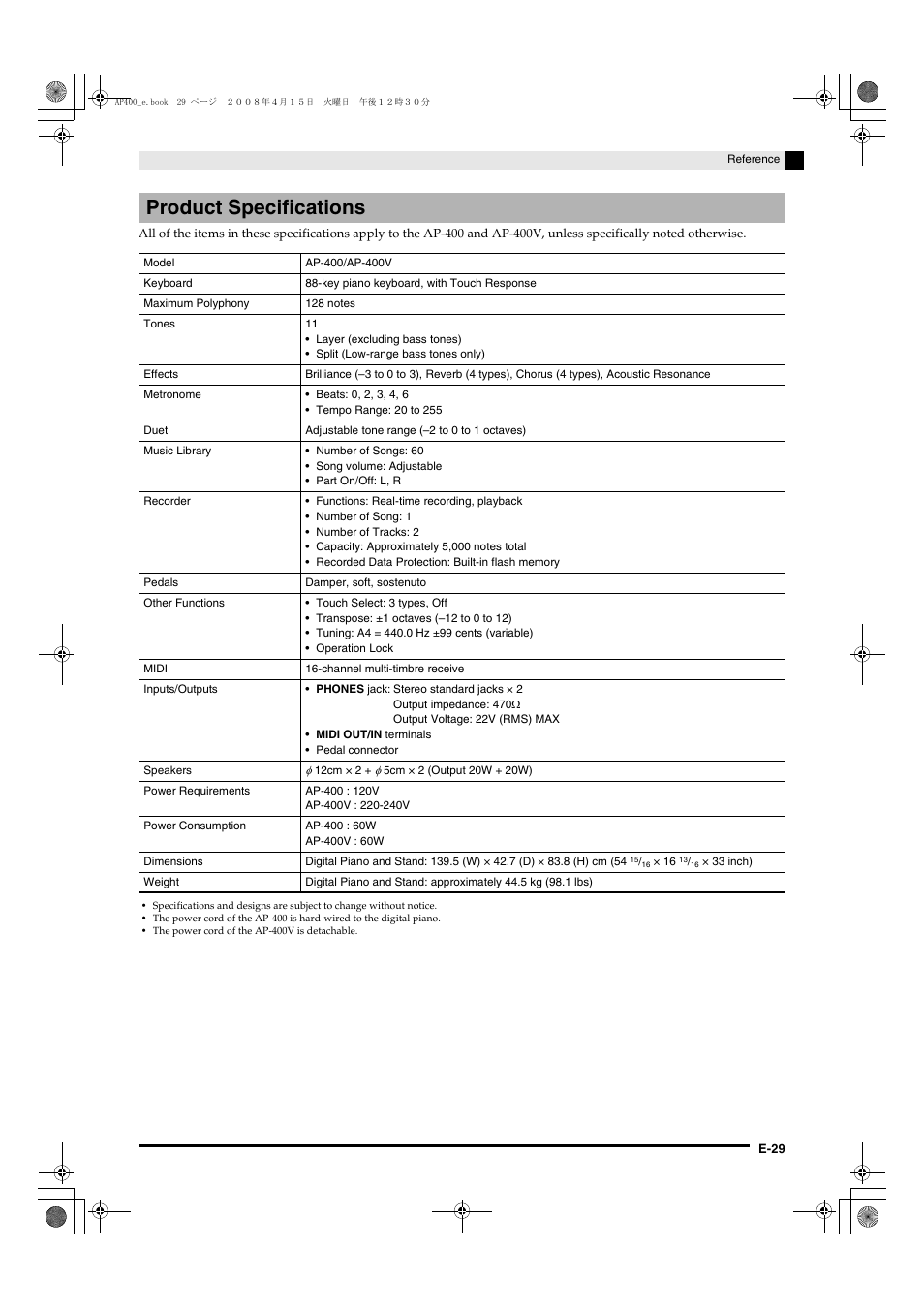 Product specifications | Casio Celviano AP-400 User Manual | Page 33 / 37