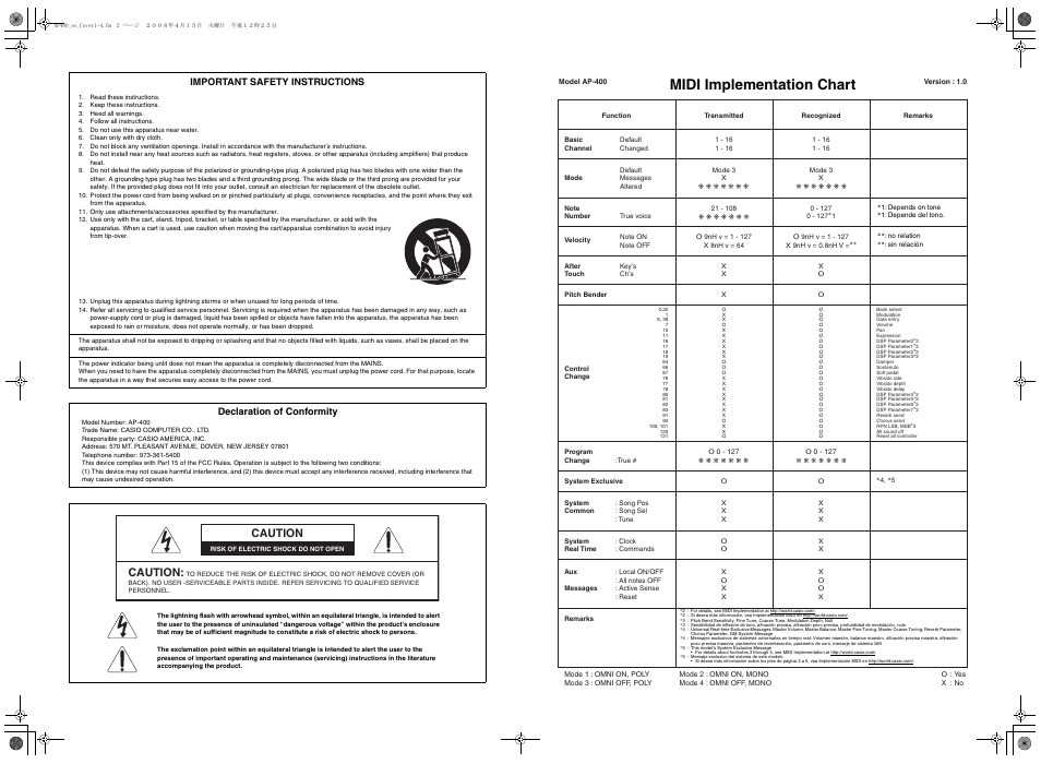 Midi implementation chart, Caution, Important safety instructions | Declaration of conformity | Casio Celviano AP-400 User Manual | Page 36 / 37