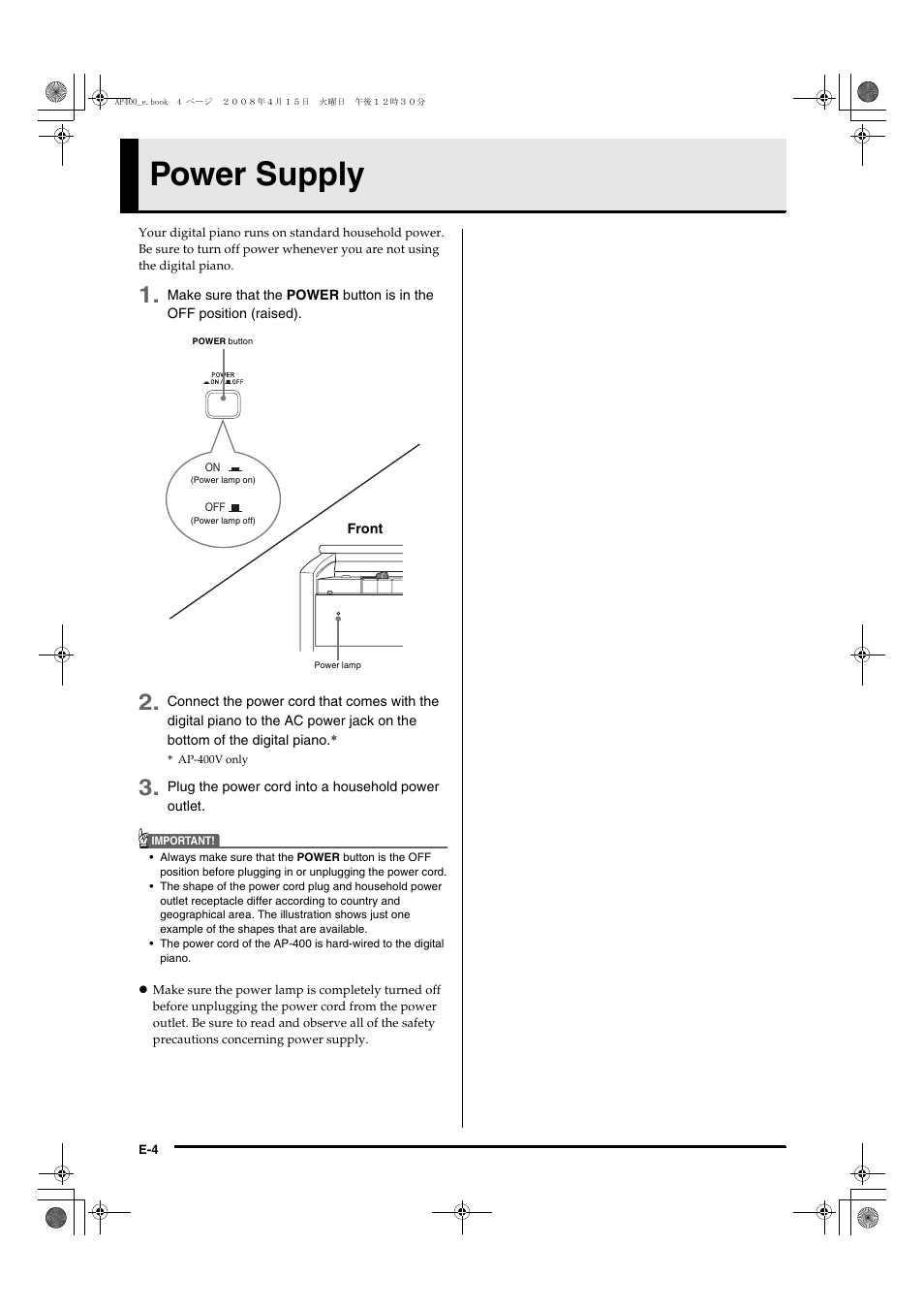 Power supply | Casio Celviano AP-400 User Manual | Page 8 / 37