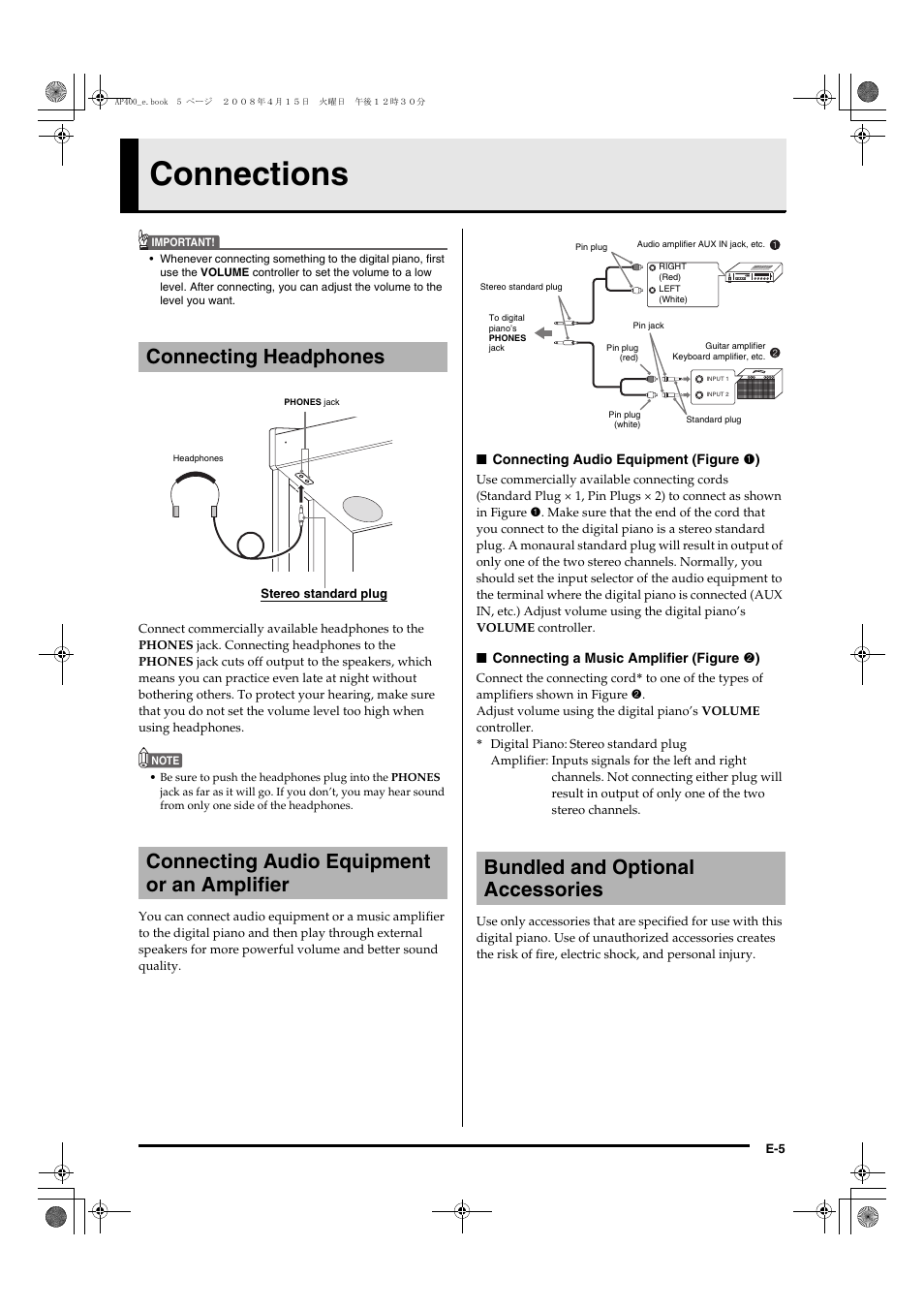 Connections, Bundled and optional accessories | Casio Celviano AP-400 User Manual | Page 9 / 37