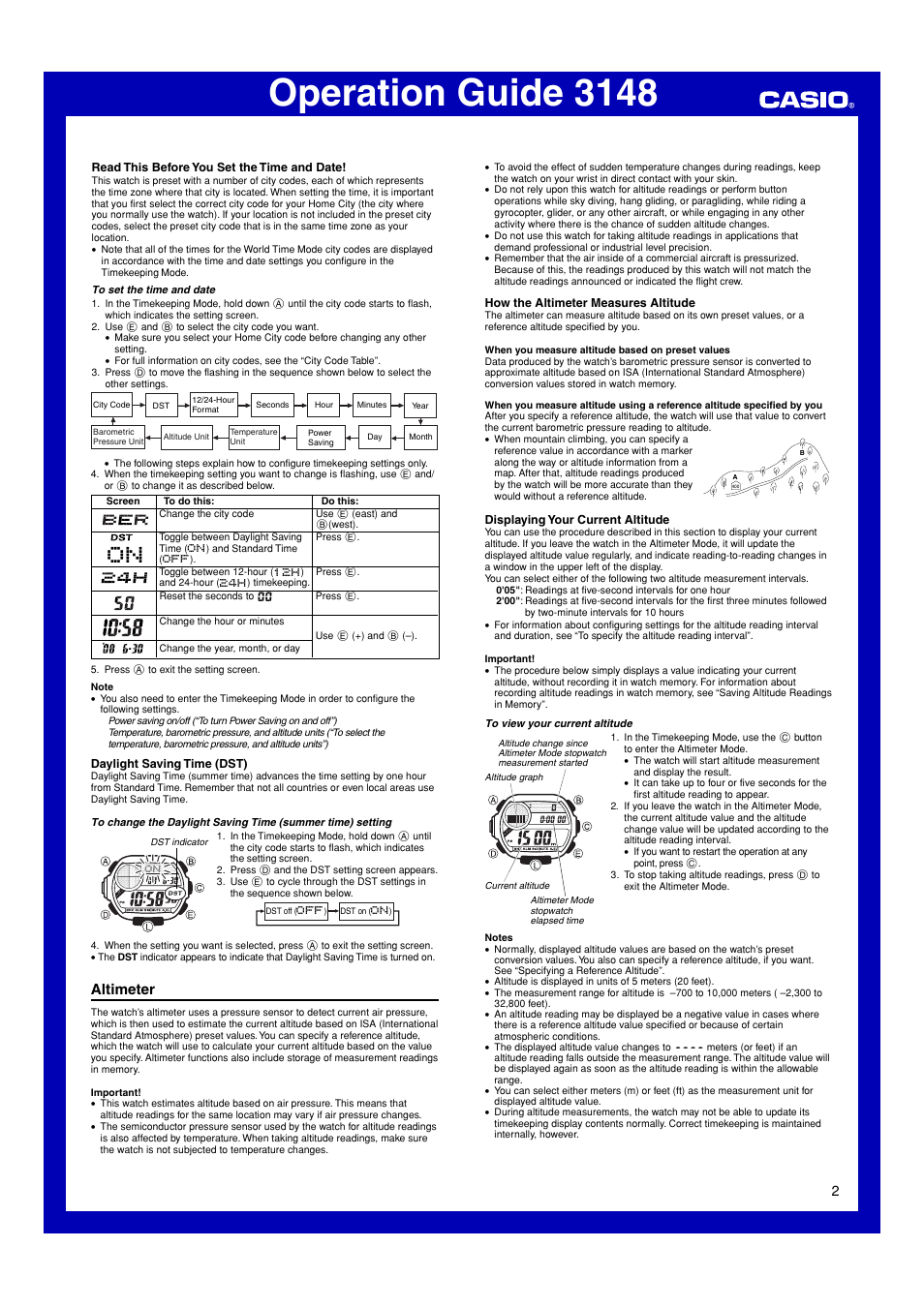 Altimeter, Operation guide 3148 | Casio 3148 User Manual | Page 2 / 10