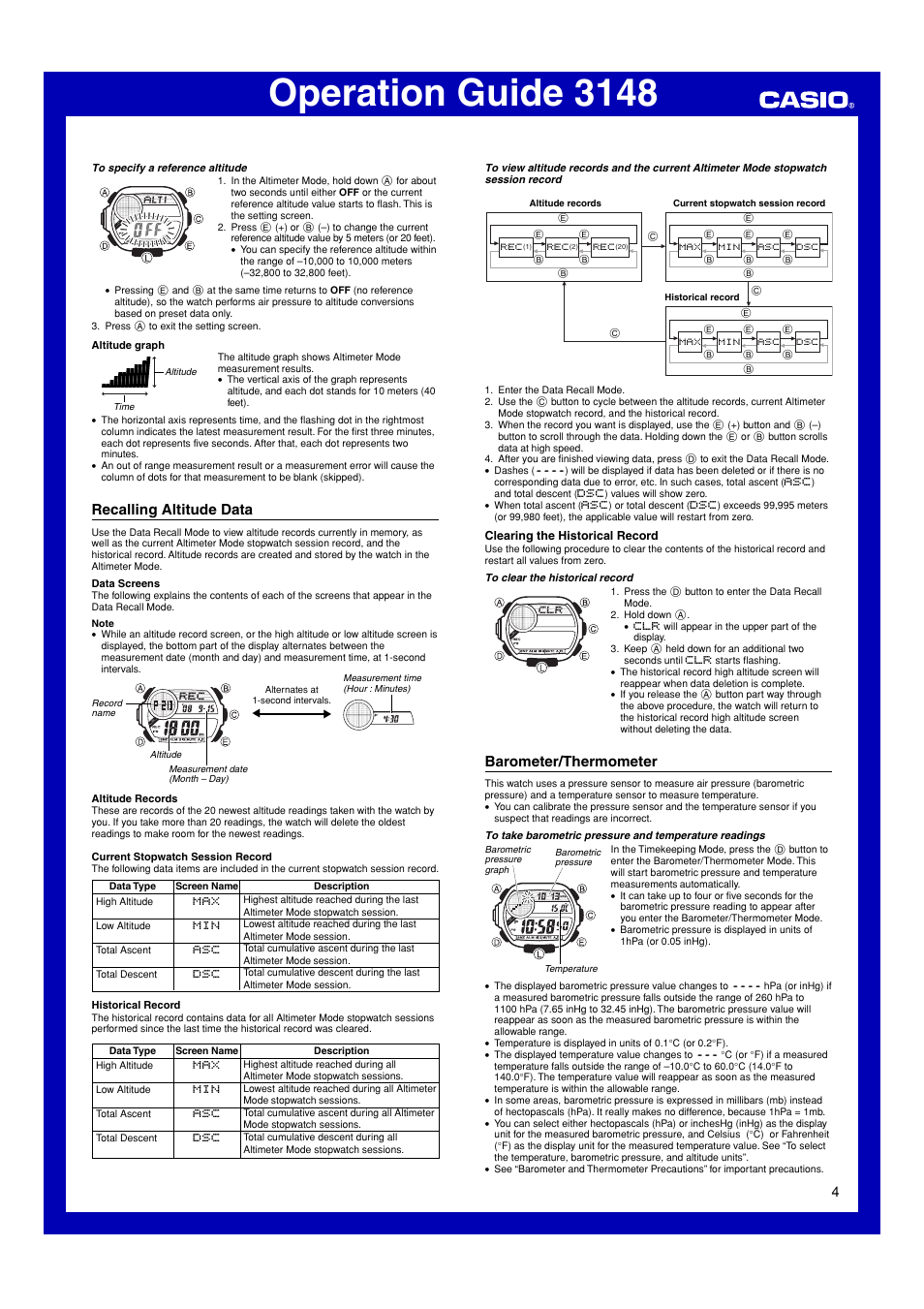 Recalling altitude data, Barometer/thermometer, Operation guide 3148 | Casio 3148 User Manual | Page 4 / 10