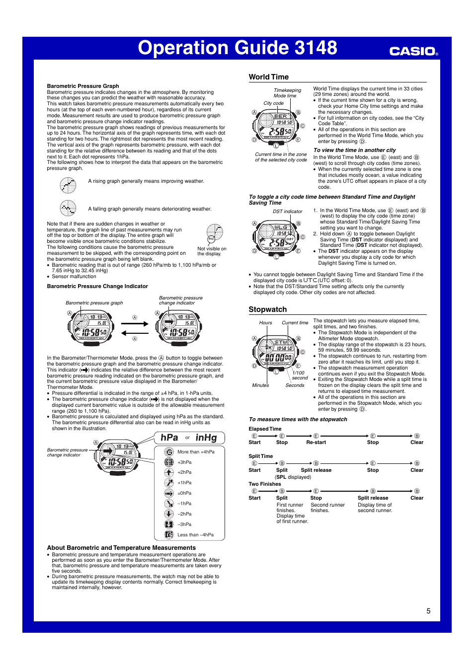 World time, Stopwatch, Operation guide 3148 | Casio 3148 User Manual | Page 5 / 10