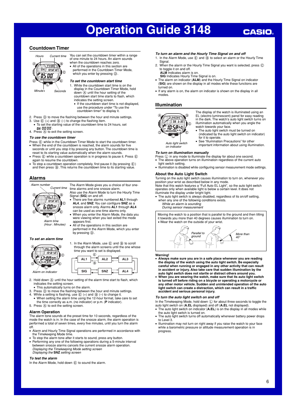 Countdown timer, Alarms, Illumination | Operation guide 3148 | Casio 3148 User Manual | Page 6 / 10