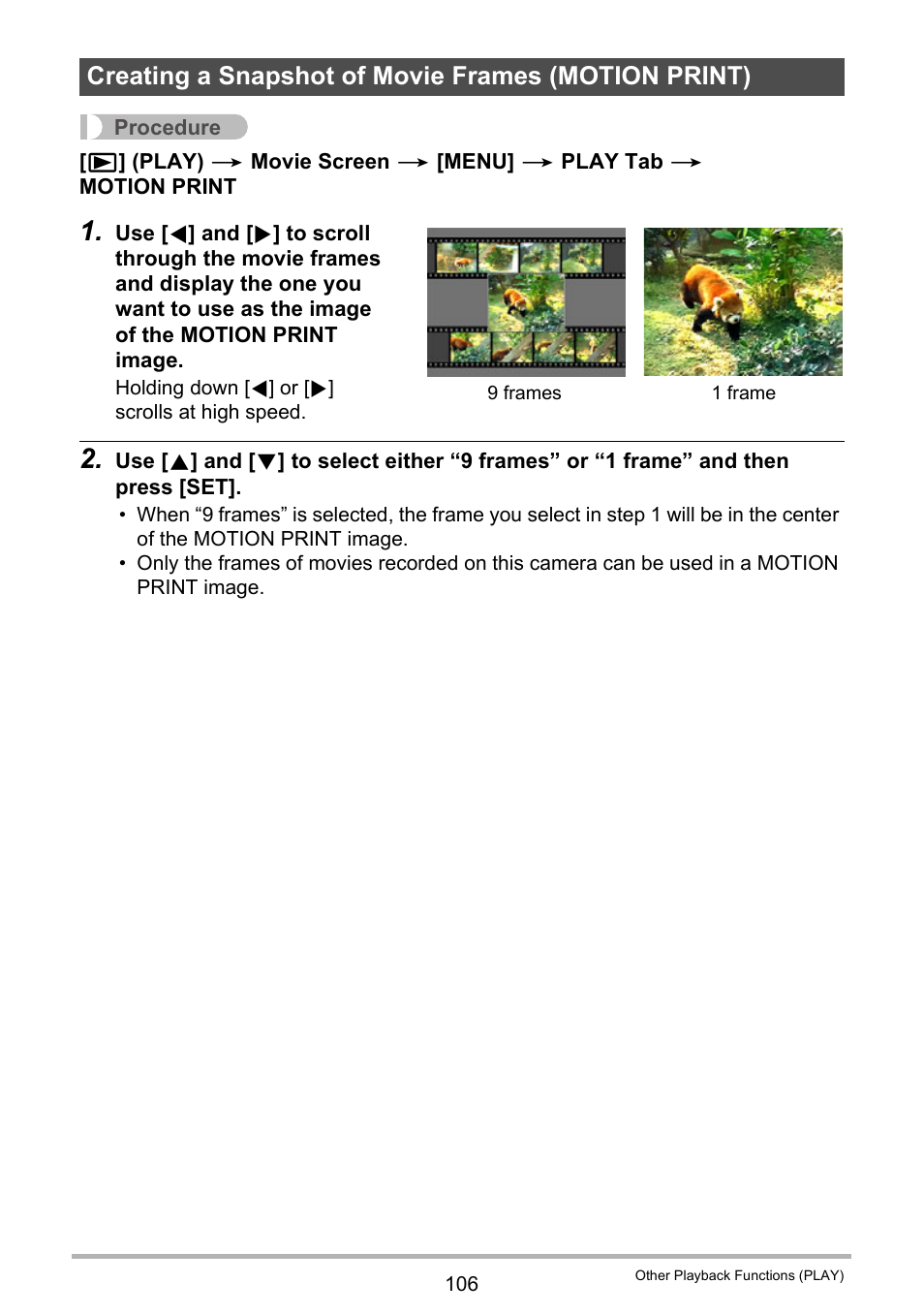 Creating a snapshot of movie frames (motion print) | Casio EX-FS10 User Manual | Page 106 / 184