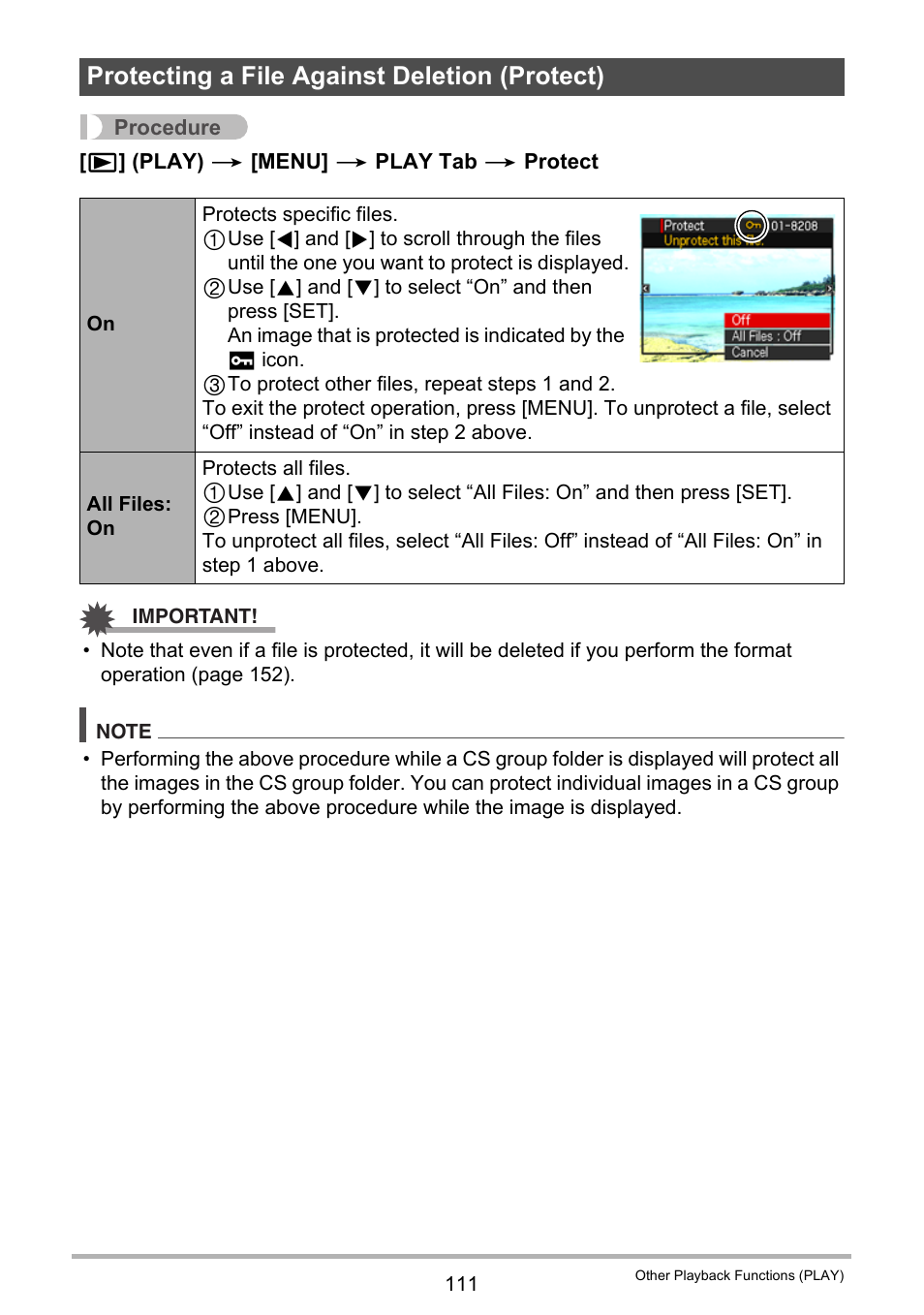 Protecting a file against deletion (protect) | Casio EX-FS10 User Manual | Page 111 / 184