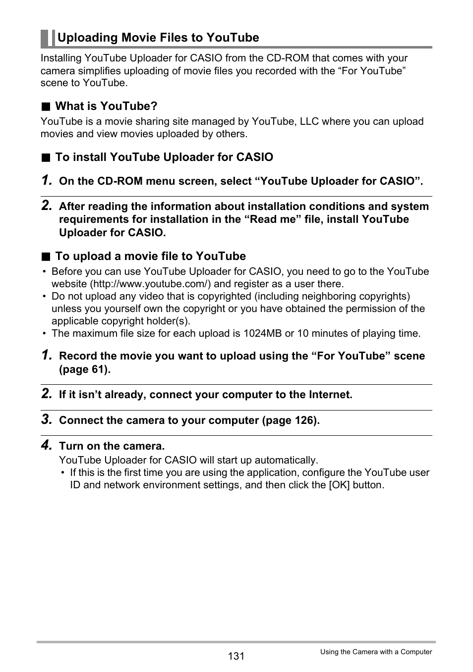 Uploading movie files to youtube | Casio EX-FS10 User Manual | Page 131 / 184