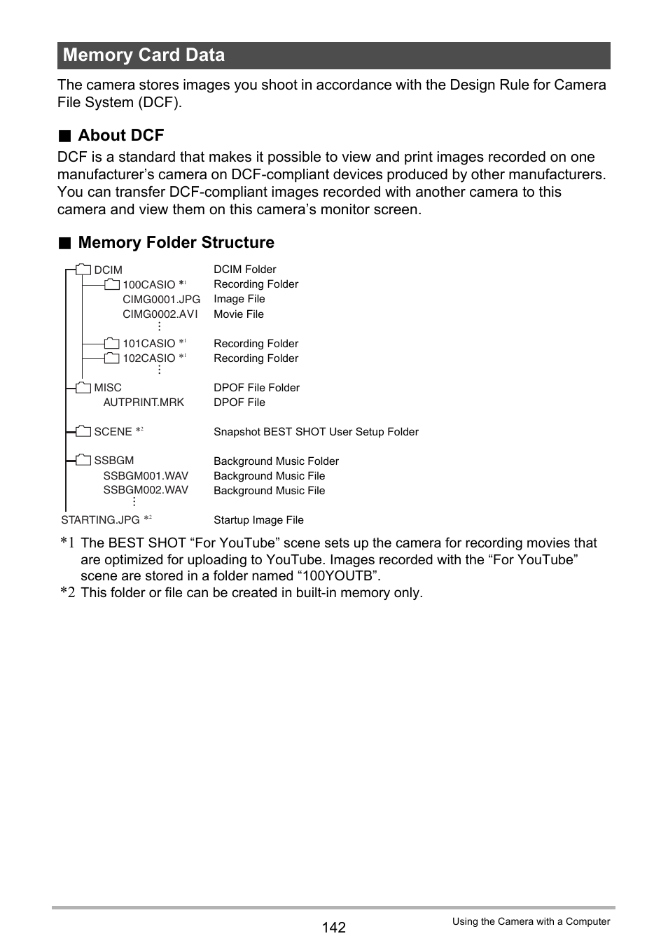 Memory card data, Nized in memory, see “memory folder, About dcf | Casio EX-FS10 User Manual | Page 142 / 184