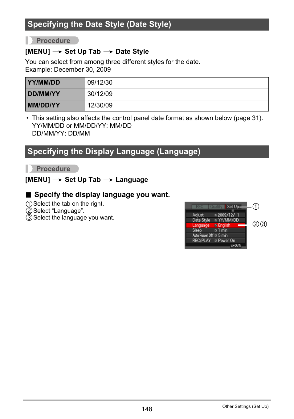 Specifying the date style (date style), Specifying the display language (language), E 148). n | E 148) | Casio EX-FS10 User Manual | Page 148 / 184