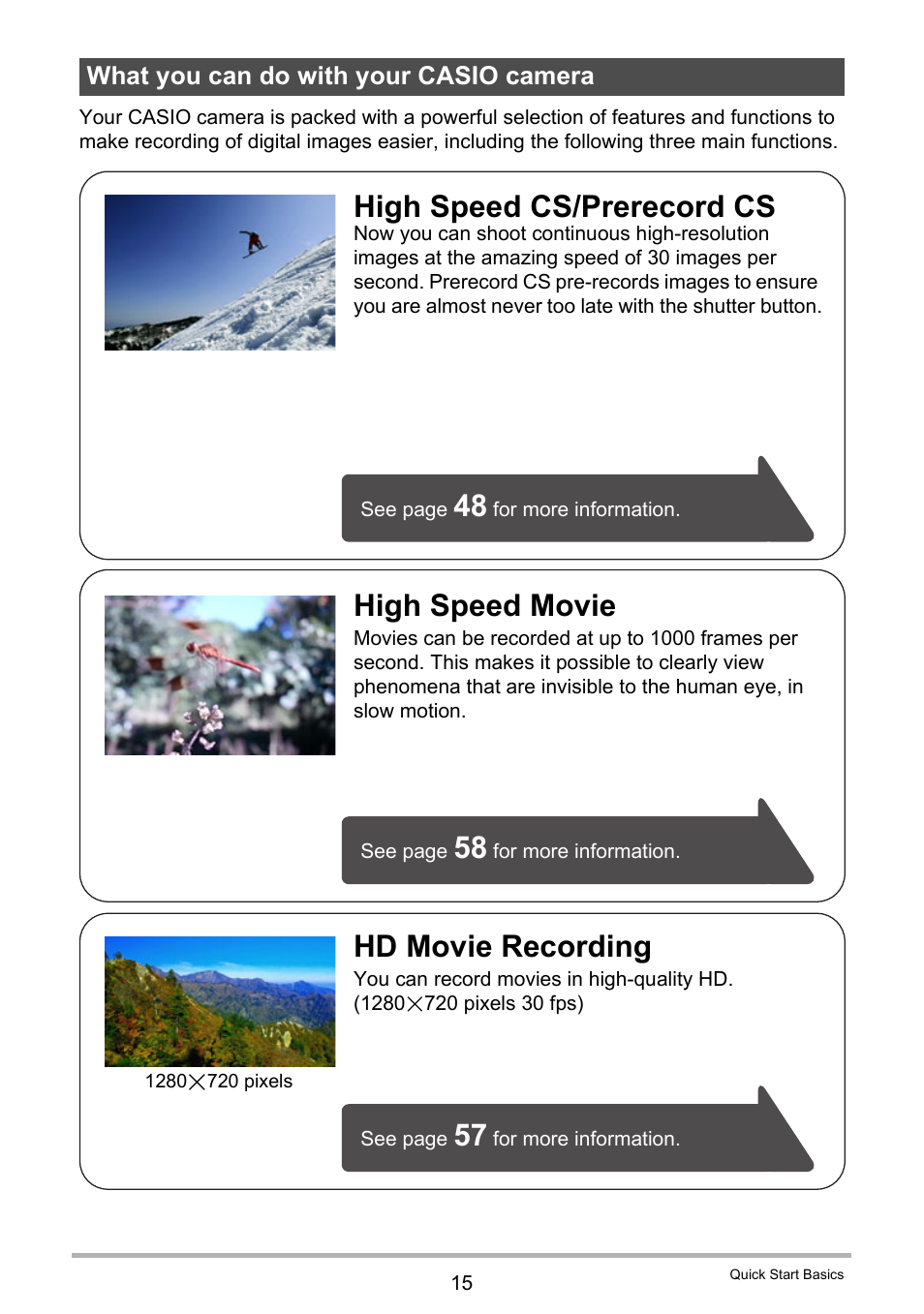 What you can do with your casio camera, Hd movie recording, High speed cs/prerecord cs | High speed movie | Casio EX-FS10 User Manual | Page 15 / 184