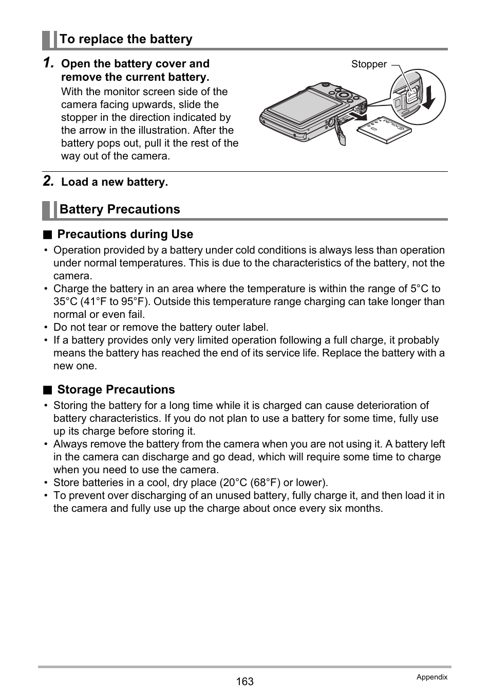 To replace the battery, Battery precautions | Casio EX-FS10 User Manual | Page 163 / 184
