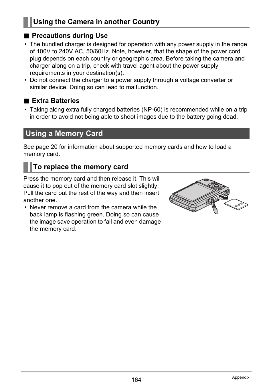 Using the camera in another country, Using a memory card, To replace the memory card | Casio EX-FS10 User Manual | Page 164 / 184