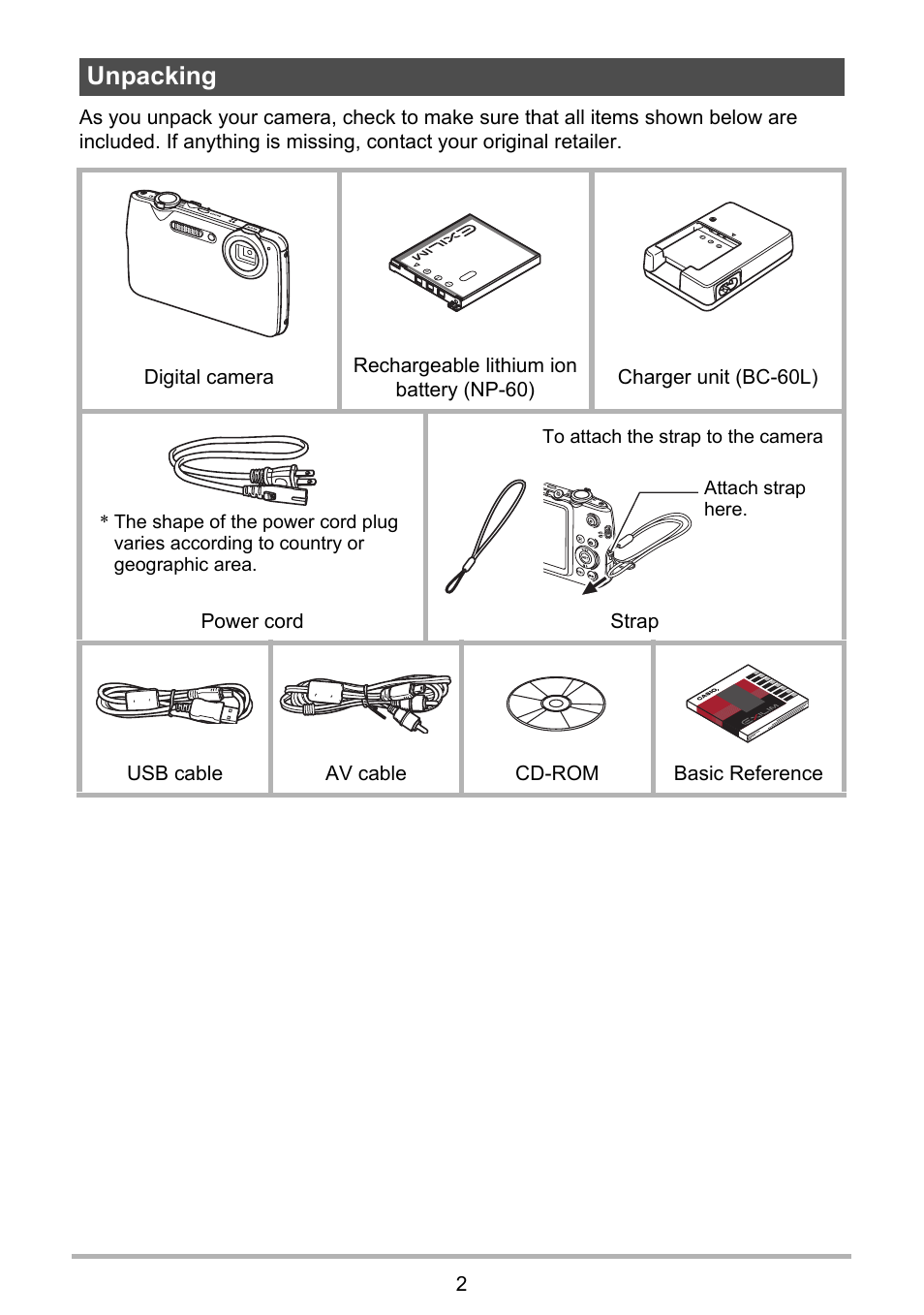 Unpacking | Casio EX-FS10 User Manual | Page 2 / 184