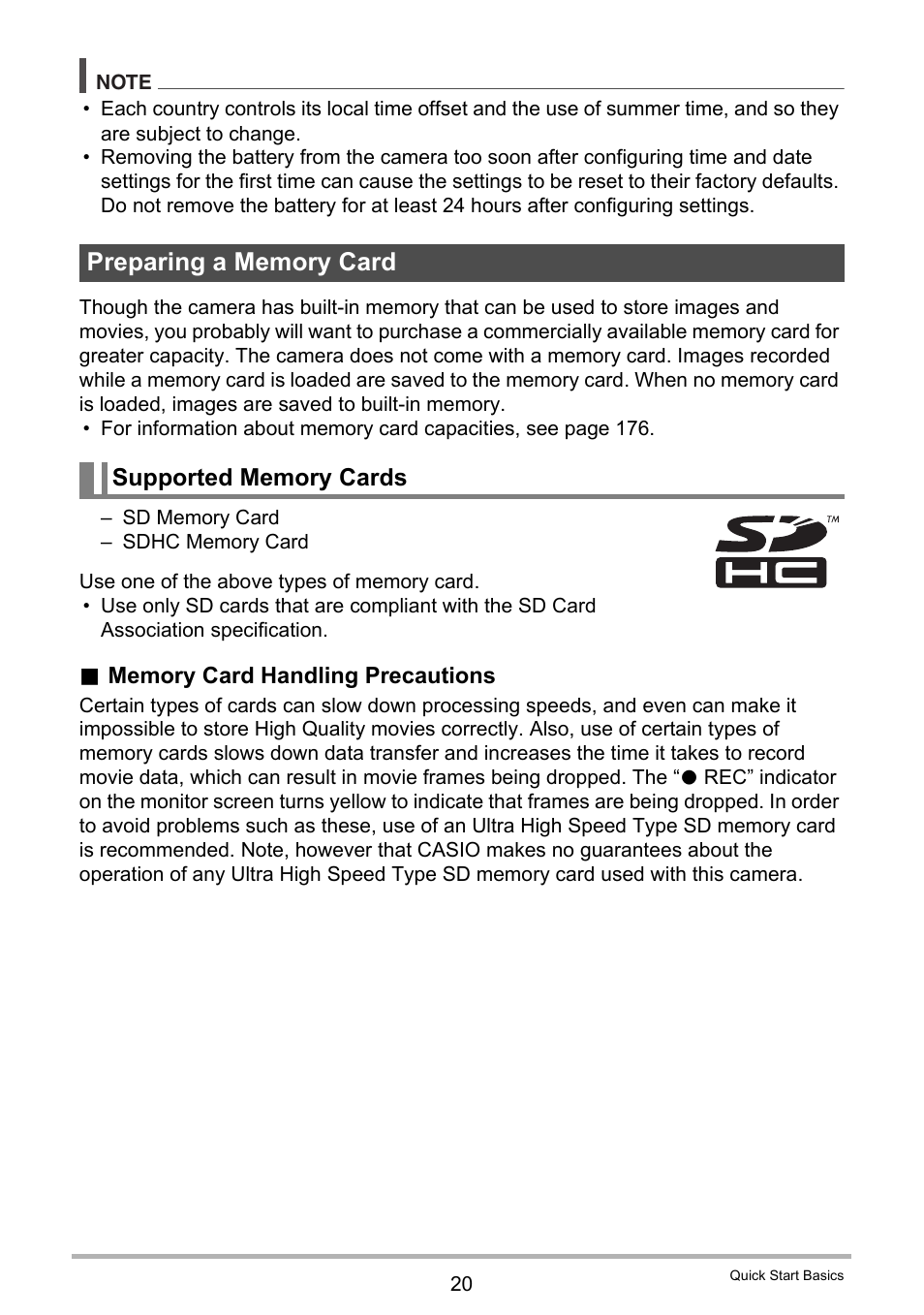 Preparing a memory card, Supported memory cards | Casio EX-FS10 User Manual | Page 20 / 184