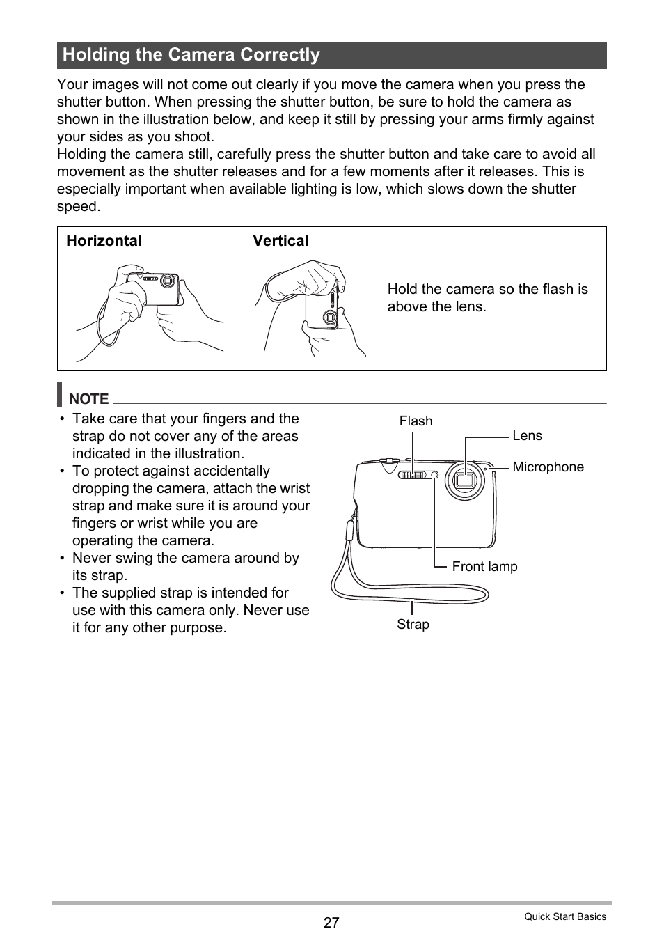 Holding the camera correctly | Casio EX-FS10 User Manual | Page 27 / 184