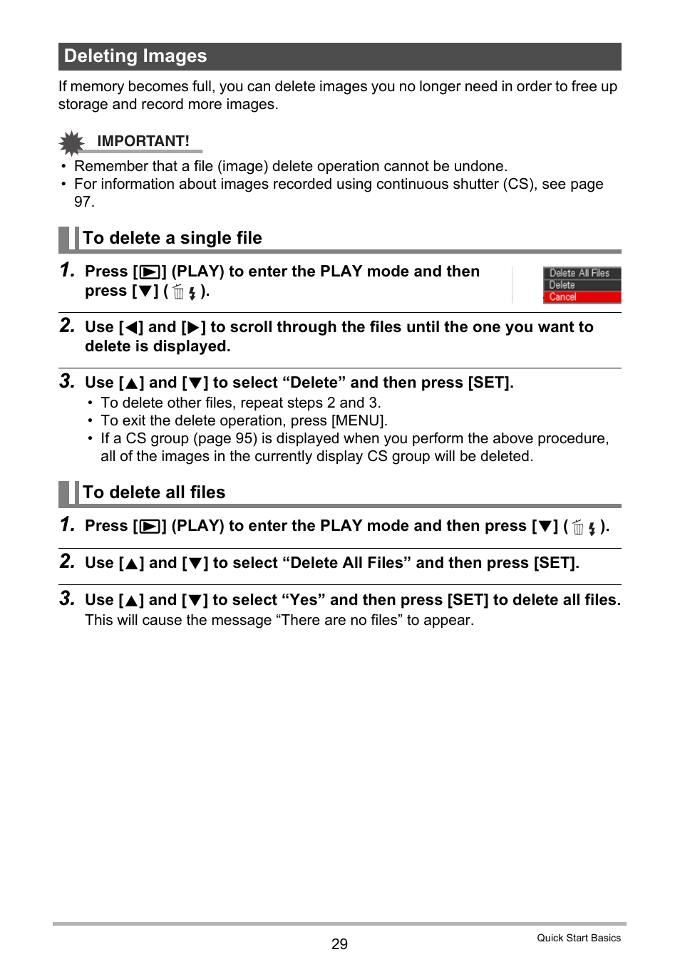 Deleting images, To delete a single file, To delete all files | Casio EX-FS10 User Manual | Page 29 / 184