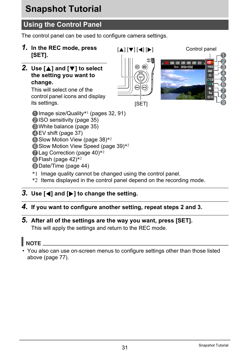 Snapshot tutorial, Using the control panel | Casio EX-FS10 User Manual | Page 31 / 184