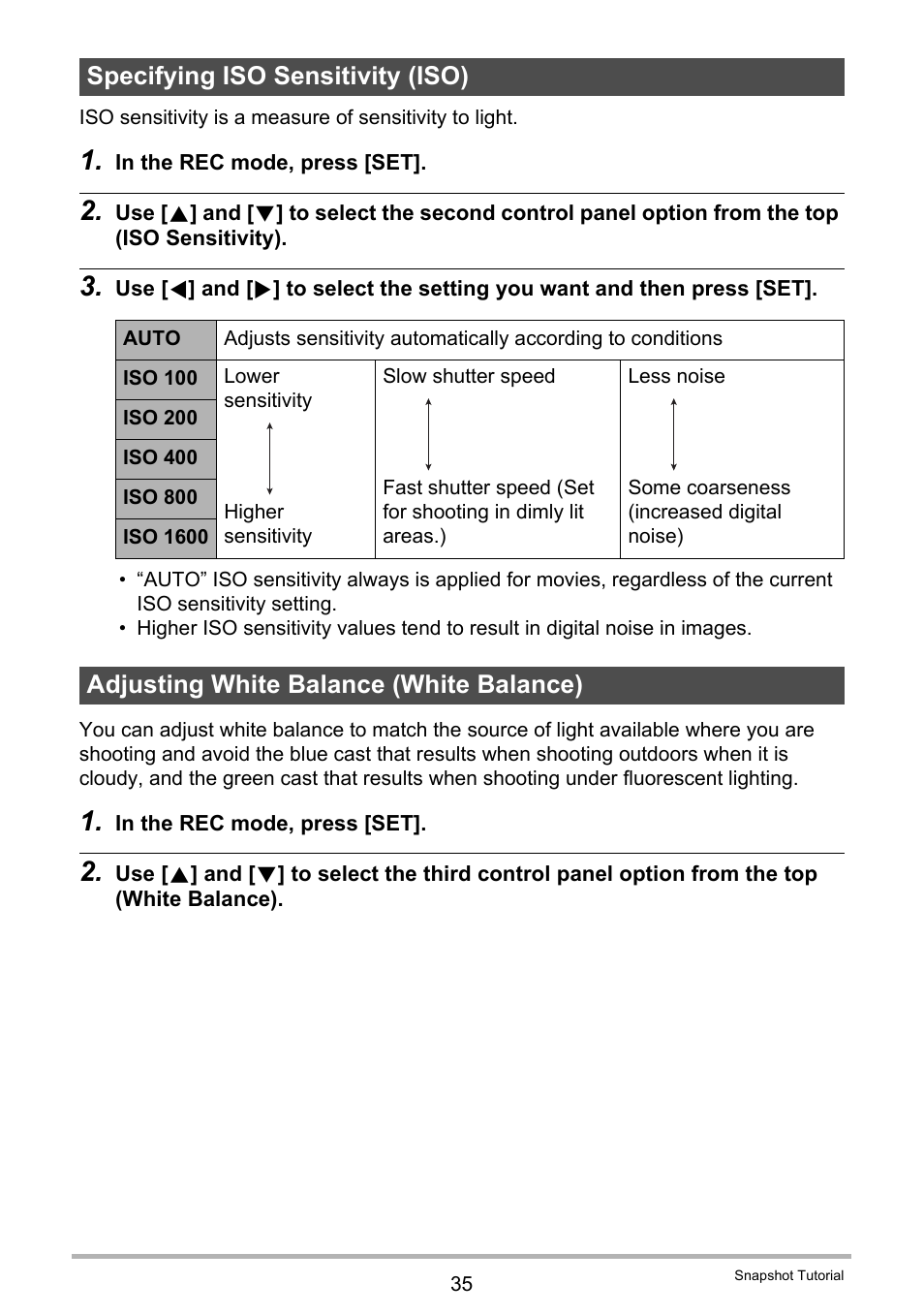 Specifying iso sensitivity (iso), Adjusting white balance (white balance) | Casio EX-FS10 User Manual | Page 35 / 184