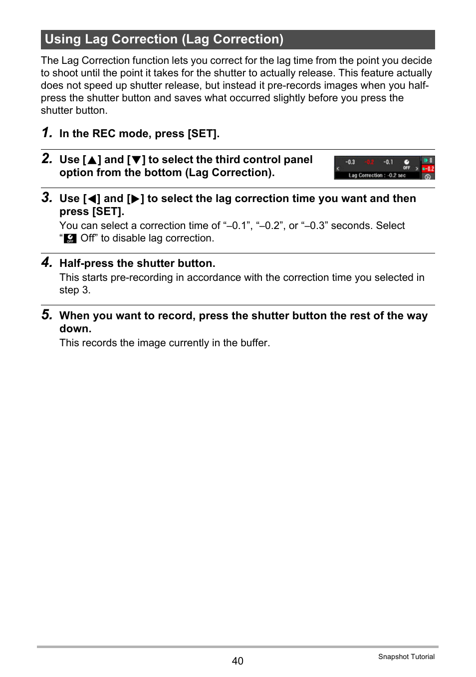 Using lag correction (lag correction) | Casio EX-FS10 User Manual | Page 40 / 184