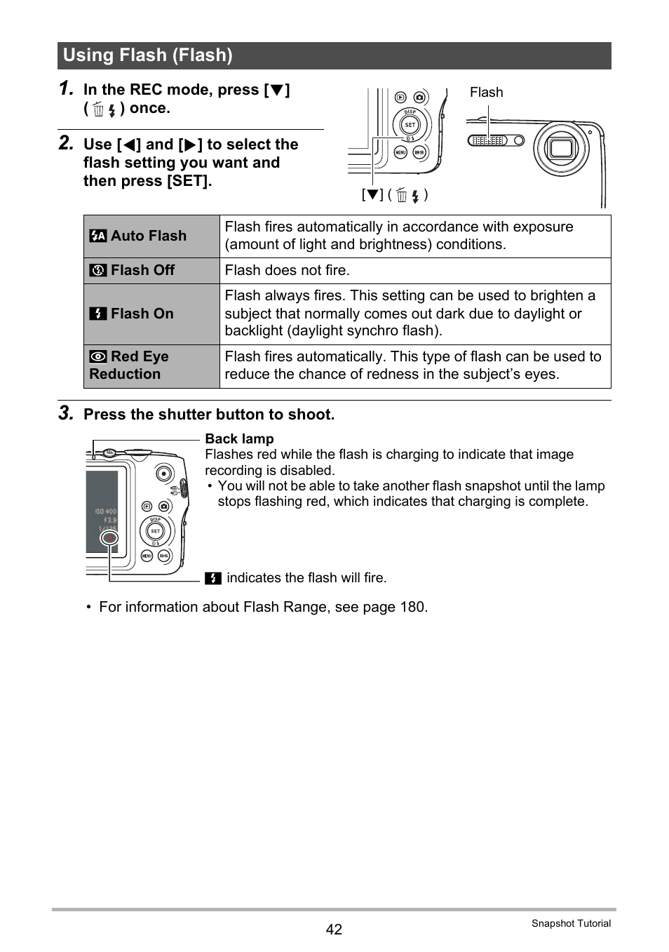 Using flash (flash) | Casio EX-FS10 User Manual | Page 42 / 184