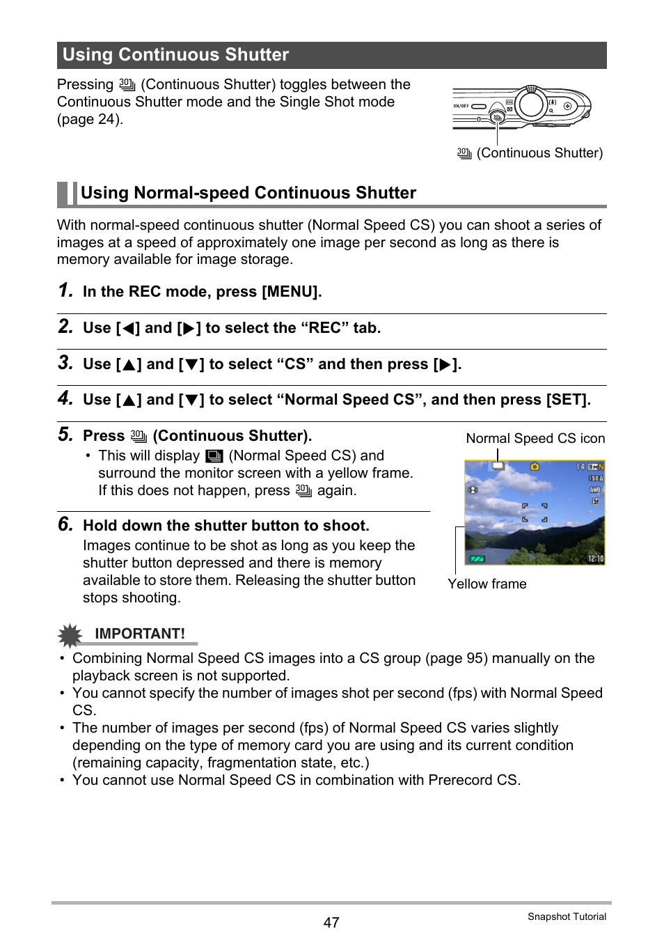 Using continuous shutter, Using normal-speed continuous shutter | Casio EX-FS10 User Manual | Page 47 / 184