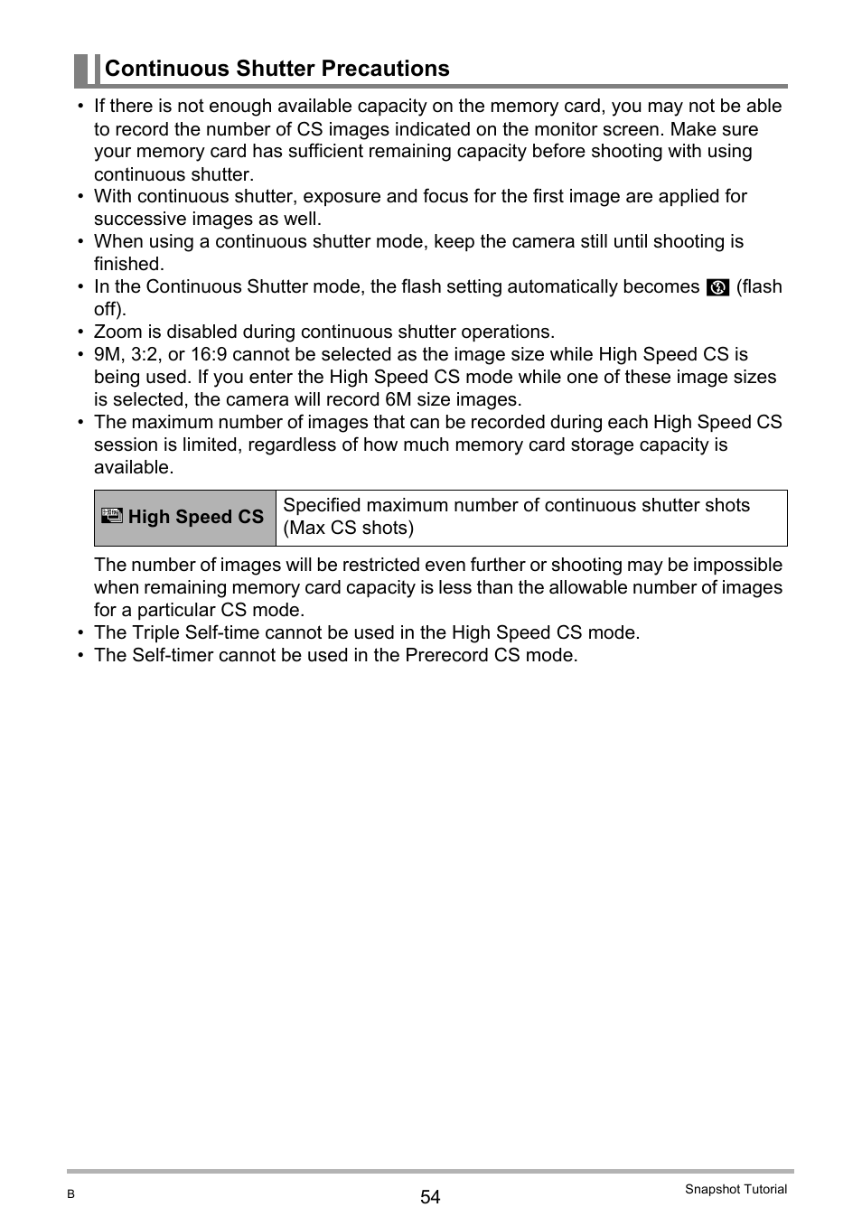 Continuous shutter precautions | Casio EX-FS10 User Manual | Page 54 / 184